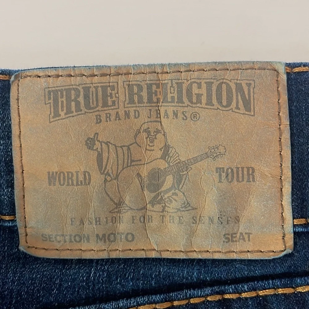 True Religion Ferd  Moto Skinny Jeans Red Orange Big T Dark Wash Size 32